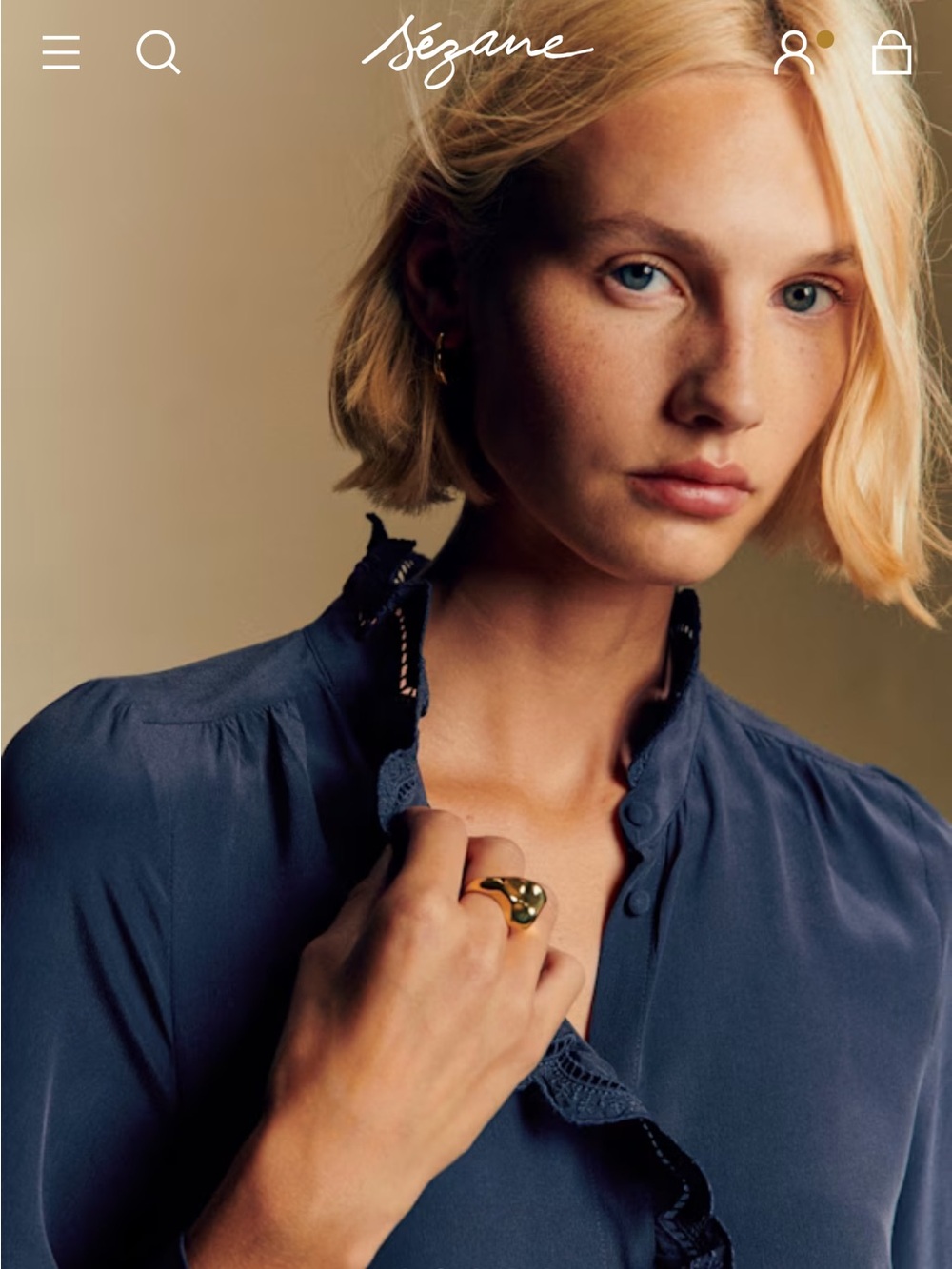 Sezane Navy Lace-Trim Button Blouse